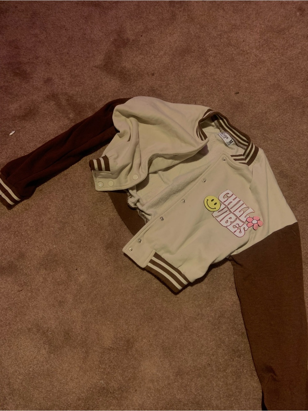 Cream and Brown 'Chill Vibes' Varsity Jacket - crop style